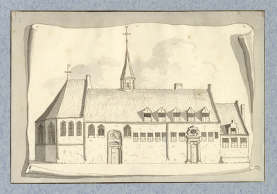 35096 Gezicht op de voorgevel van het St.-Jobsgasthuis te Utrecht met de kapel.